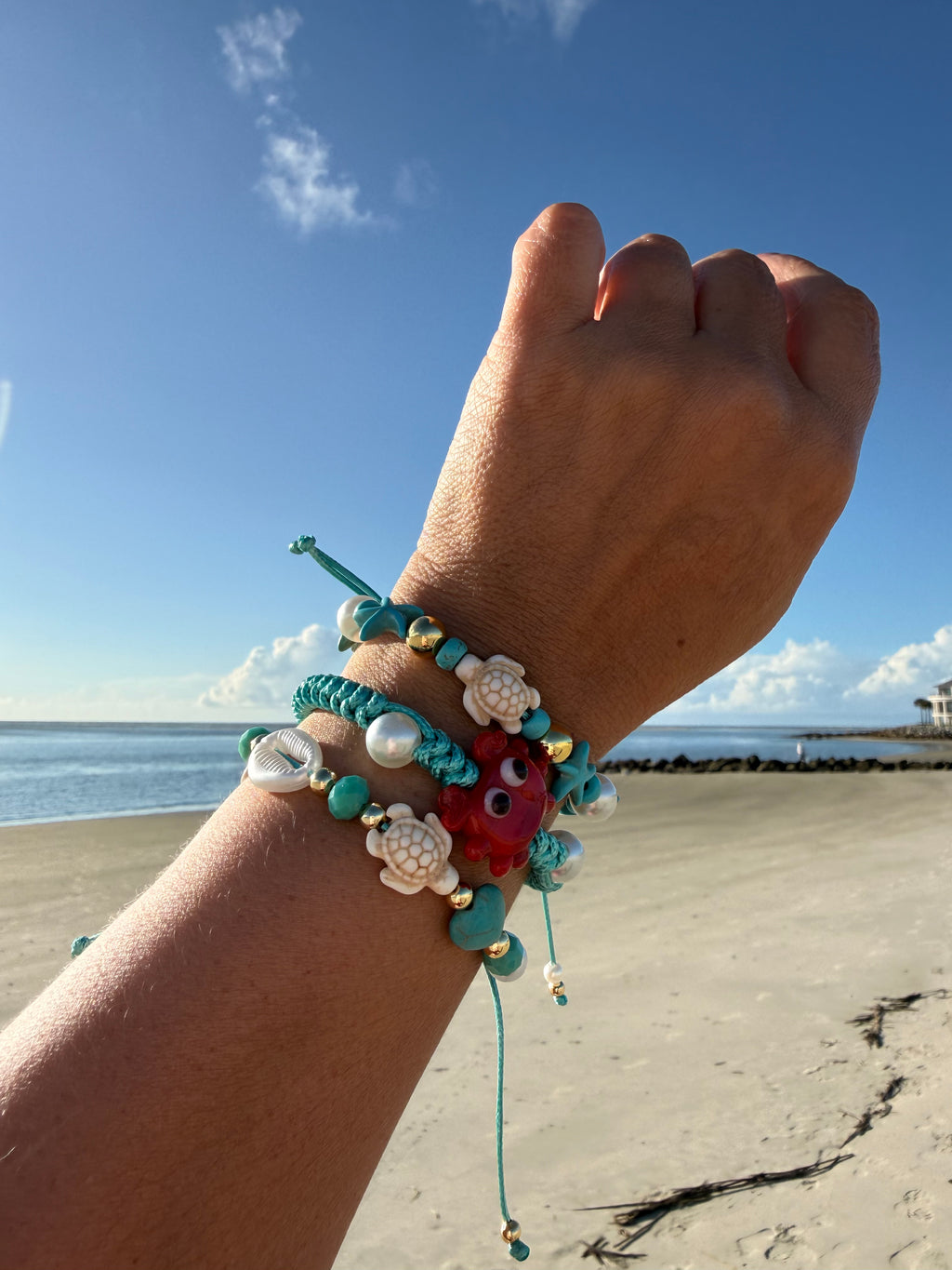 Turquoise Macramé Crab & Pearl Bracelet