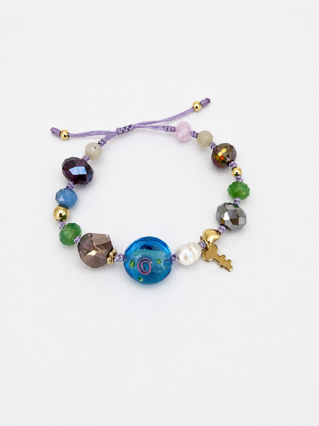 Multicolor Crystal & Glass Bead Bracelet with Key Charm