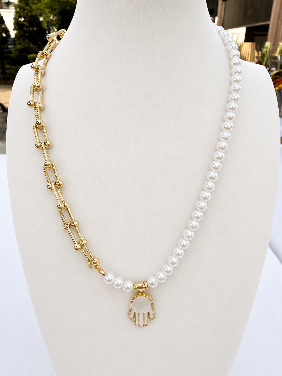Mother of Pearl Hamsa Necklace - Half Pearl Half Gold Chain Necklace