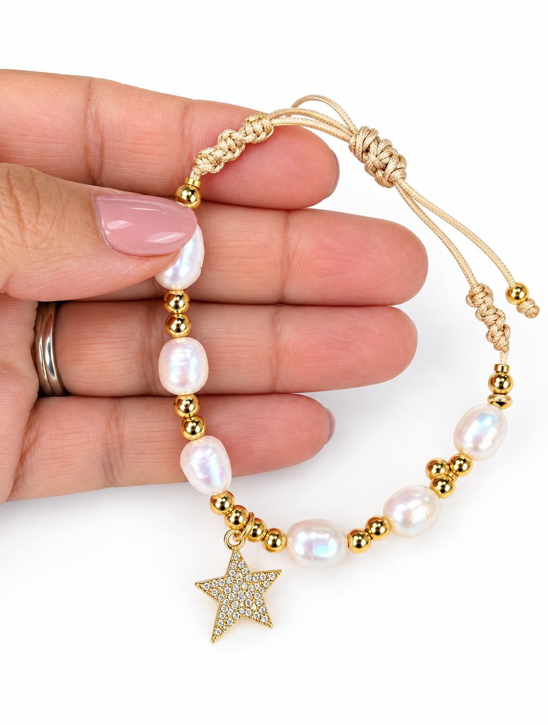 Handcrafted Pearl & Gold Adjustable Bracelet