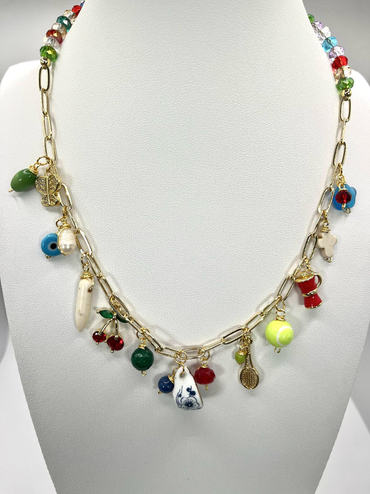 Colorfull Beads Necklace And Chain With Cup Of Coffee Charm