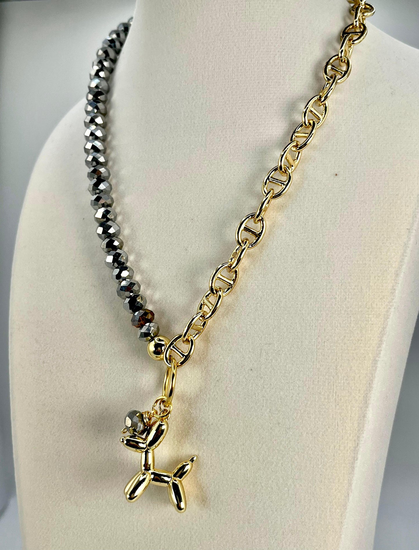 Grey Beads & Pearls Necklace With Dog Charm