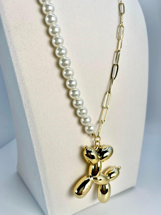 Pearls & Chain Necklace With Gold Doggy Charm