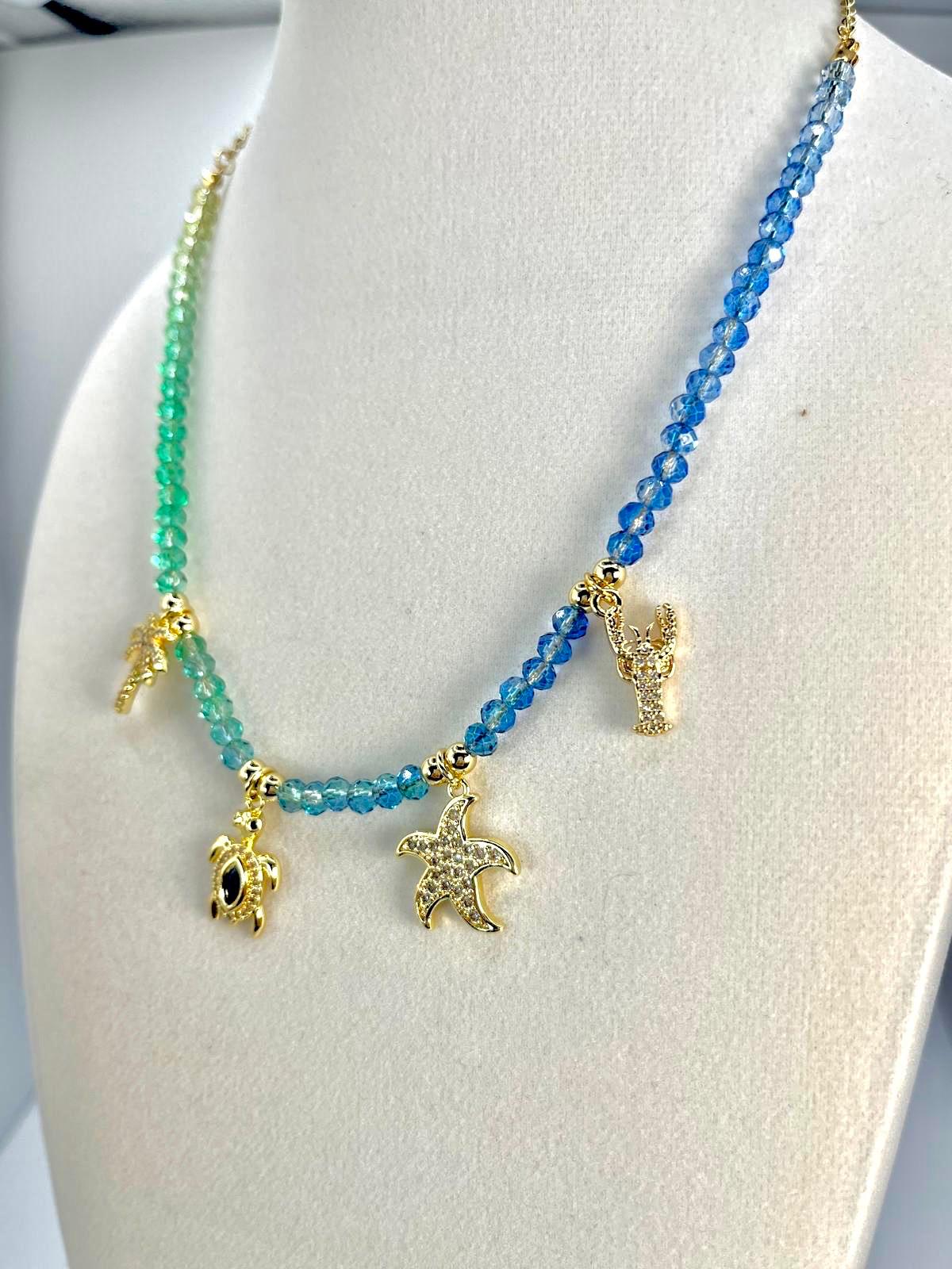 Blue And Green Beads Necklace With Sea Animals Charms