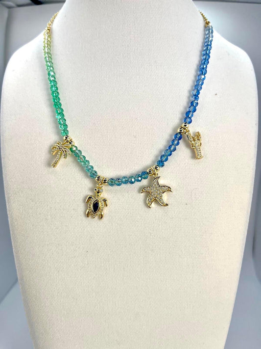 Blue And Green Beads Necklace With Sea Animals Charms