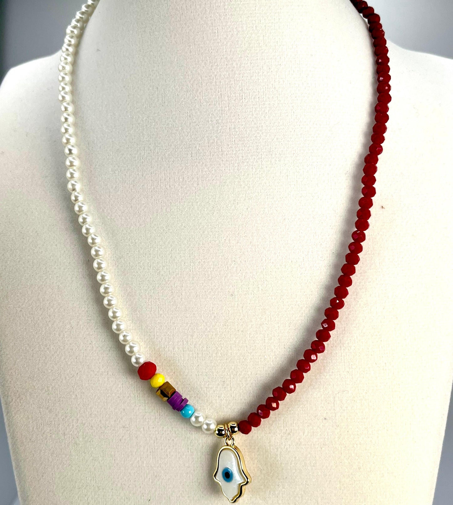 Pearls & Red Beads With Turkish Eye Charm