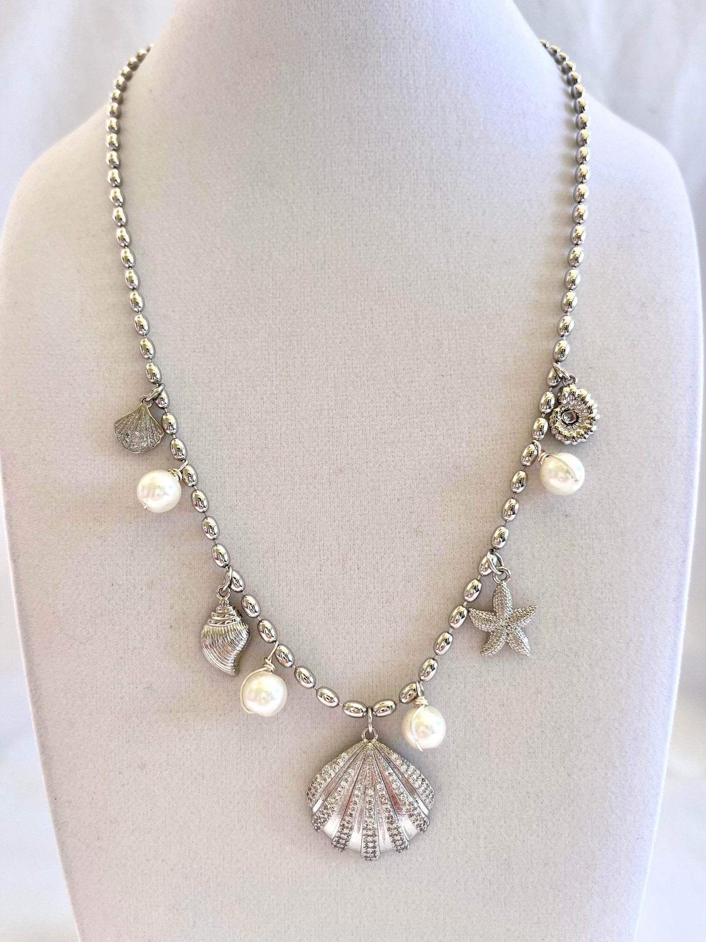 Silver Chain Necklace With Coral Charms